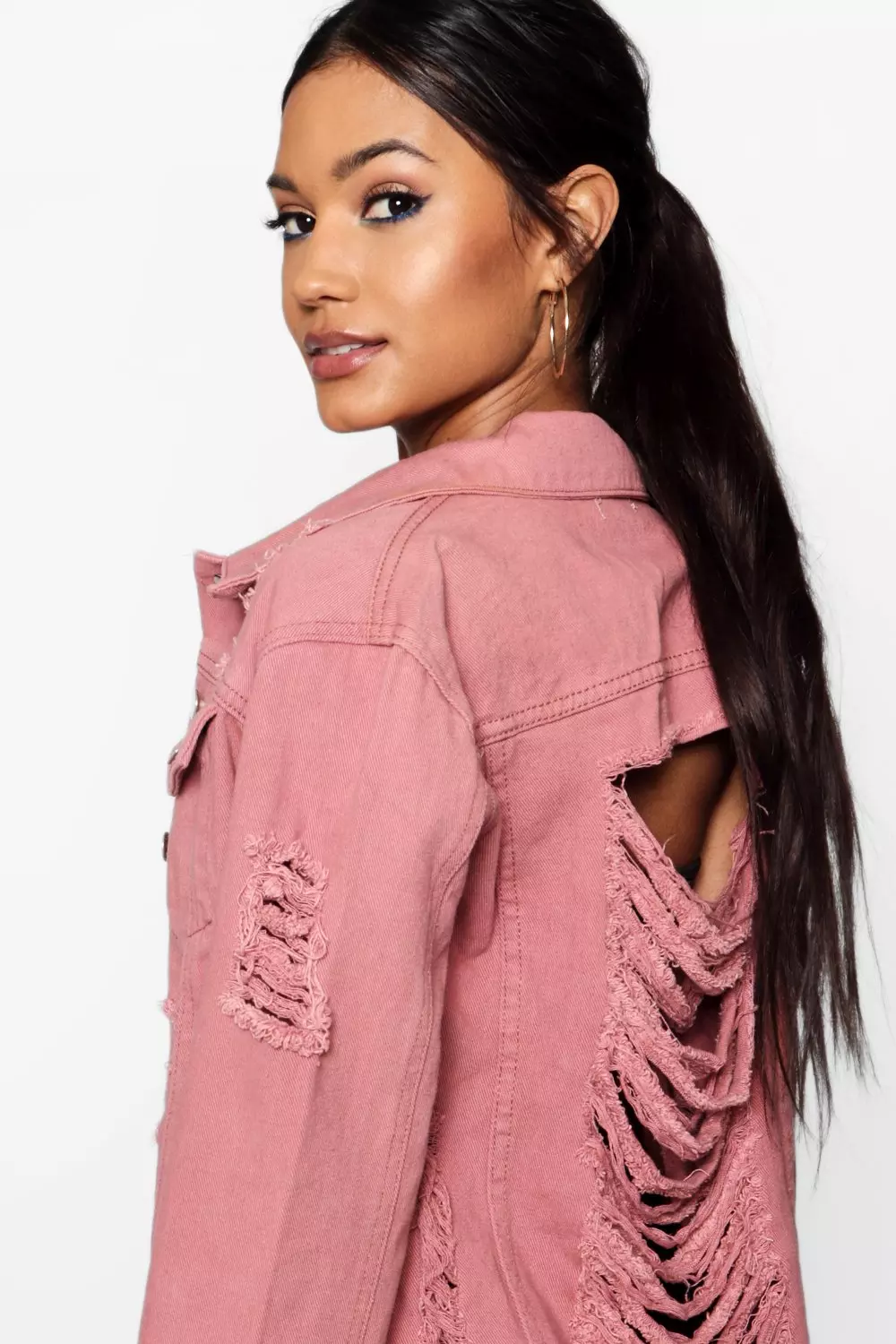 Pink distressed denim on sale jacket